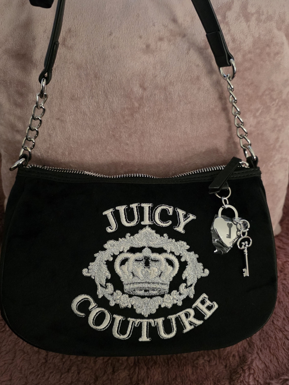 Juicy Couture Black Embroidered Suede Shoulder Bag